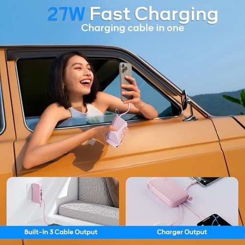 Compact 27 W Fast Charging Power Bank with Built-in Cables – 10,000 m Ah Portable Charger for i Phone & Android – Effortless Multi-Device Charging with 4 Outputs & 2 Inputs – Essential Travel Battery Pack for i Phone 16/15/14 and Newer – Durable Design for On-the-Go Energy Solutions