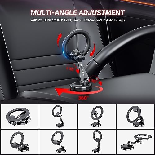 PROfezzion Magnetic Car Phone Mount for i Phone 15/14/13/12 Series – Advanced 2 x 180° Folding Arms & 360° Rotation, Enhanced Grip with Upgraded Super Magnets, Secure 3 M VHB Adhesive – Ultimate Hands-Free Solution for Safe Navigation and Enhanced Driving Experience