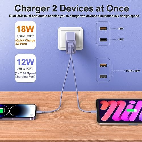 30 W Dual Port USB-C Wall Charger 4 Pack – Fast Charge QC 3.0 Power Adapter for i Phone 15 Series, Samsung Galaxy & Tablets – Compact & Stylish Purple Design for Home and Travel – Ultimate Charging Solution for Multiple Devices