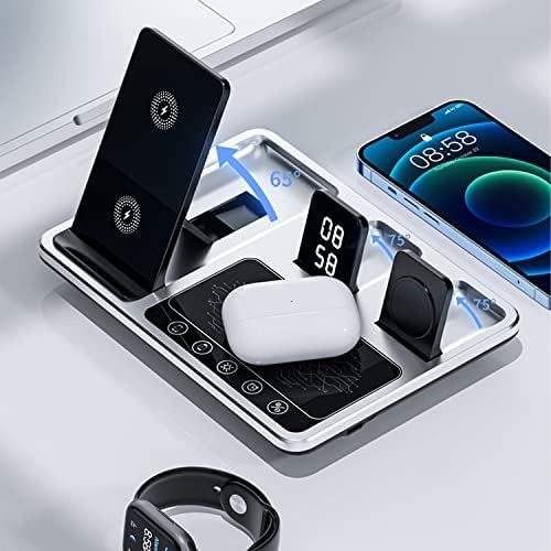 Revolutionary 4-in-1 Wireless Fast Charging Hub with Integrated Alarm Clock & Adjustable Night Light | Travel-Optimized Design for i Phone, Apple Watch, and Air Pods | Ultra-Fast Charging Station for Effortless Multi-Device Power Management and Stylish Portability