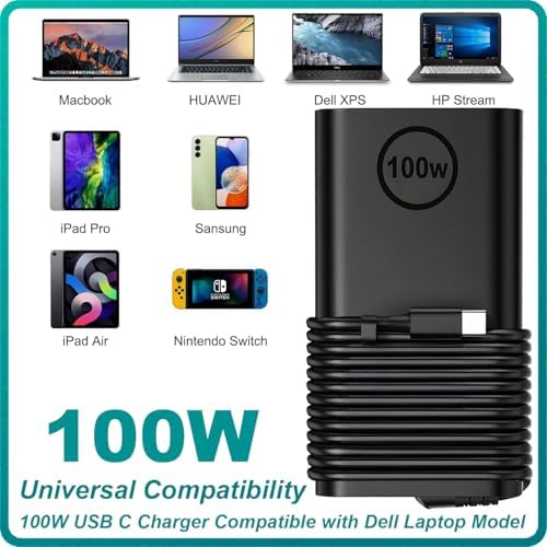 High-Efficiency 100 W USB-C Charger for Dell Laptops: Ultra-Slim AC Adapter Compatible with Precision 5680, Latitude 5340, Inspiron 16 Plus, and XPS Models – Fast Charging with Multi-Voltage Support and Universal Compatibility for Reliable Power Supply