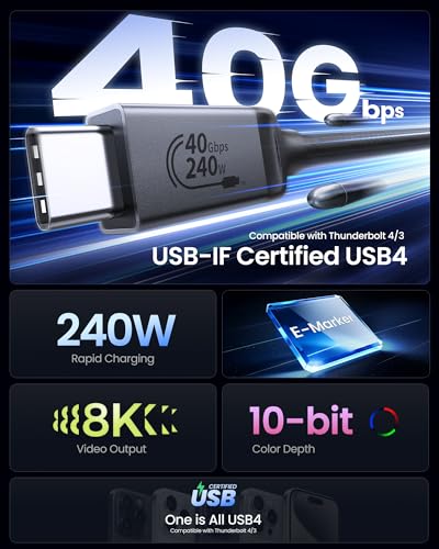 Silkland USB4 Thunderbolt 4 Cable – Ultra-Fast 40 Gbps Data Transfer, 240 W Rapid Charging, 8 K@60 Hz Video Output, 1 FT Compact Design – Perfect for i Phone 16, Mac Book, e GPU, and More – Unmatched Performance for Modern Connectivity
