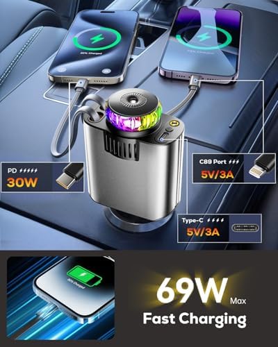 Transform Your Drive with a Multi-Port Retractable Car Charger & Air Freshener Diffuser – Fast USB-C Charging with Star Lights for i Phone & More – Ultimate Car Accessory for Enhanced Ambiance and Organization