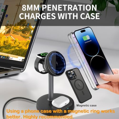 2025 Premium 3-in-1 Wireless Charging Station for i Phone 16/15/14/13/12, Apple Watch 9/Ultra 2, and Air Pods | 20 W Fast Charger with Mag-Safe Alignment, Sleek Black Bedside Dock for Enhanced Device Organization and Efficiency