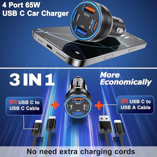 High-Powered 4-Port 65 W USB C Car Charger for Fast Charging – Dual USB-C & USB-A Ports with Included Car Play Cables, Compatible with i Phone 16/15/14/13/12 Pro Max, i Pad, Samsung S25 – Ultimate Solution for Road Trips and Daily Commutes