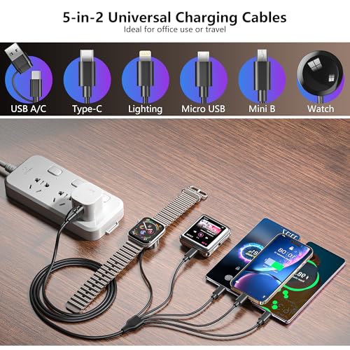Ultimate 5-in-2 Multi-Device Charging Cable for Apple Watch and Smartphones – High-Speed USB A/C Input with Versatile Lightning, Type C, Micro, and Mini Outputs – Compatible with i Phone 15-13, i Watch 1-9, Galaxy S23-22 – 4 FT Length for Unmatched Portability and Everyday Use – Perfect for Travel and Daily Charging Solutions