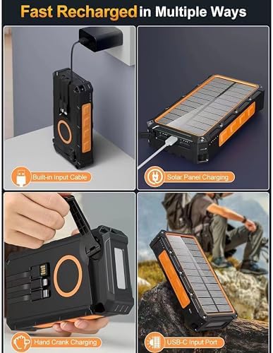Ultimate MQOUNY 36,000 m Ah Solar Power Bank with Hand Crank & Fast Wireless Charging – Portable Outdoor Battery Pack with 6 Outputs, 4 Inputs, Flashlight & Compass for Adventurers and Emergency Preparedness