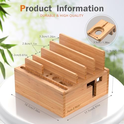Sleek Bamboo Multi-Device Charging Station with 5 USB Ports, Integrated Smart Watch Stand & 5 Charging Cables – Ultimate Desktop Organizer for Cell Phones, Tablets & Smartwatches – Eco-Friendly Design for Fast Charging & Clutter-Free Spaces