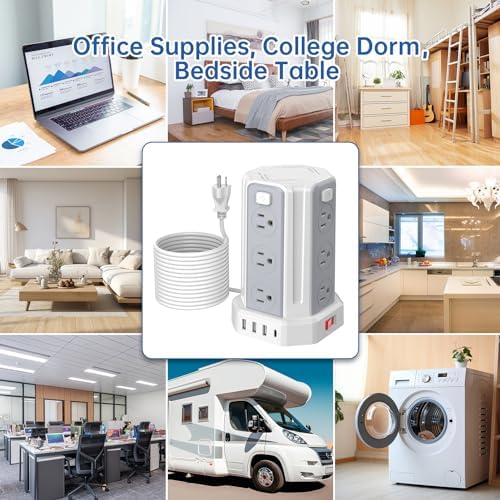 SMALLRT Power Tower Surge Protector – 10 Ft Extension Cord with 12 AC Outlets & 4 USB Ports (1 USB-C) – Ultimate Charging Station for Home & Office – Enhanced Device Compatibility & Safety