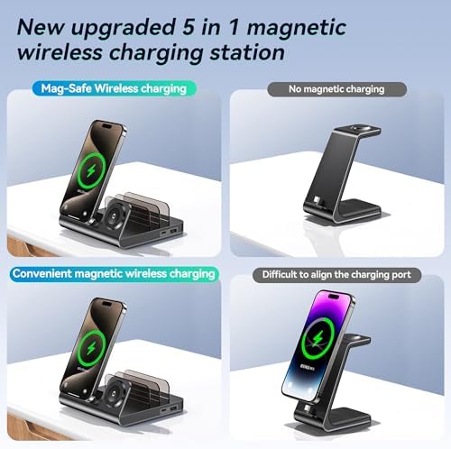 Ultimate 5-in-1 Magnetic Wireless Charging Station for Apple Devices – Fast Mag-Safe Charger Stand for i Phone 16/15/14/13/12 Pro Max, i Watch Series, & Air Pods Pro – Sleek Black Design for Enhanced Compatibility & Rapid Power-Up