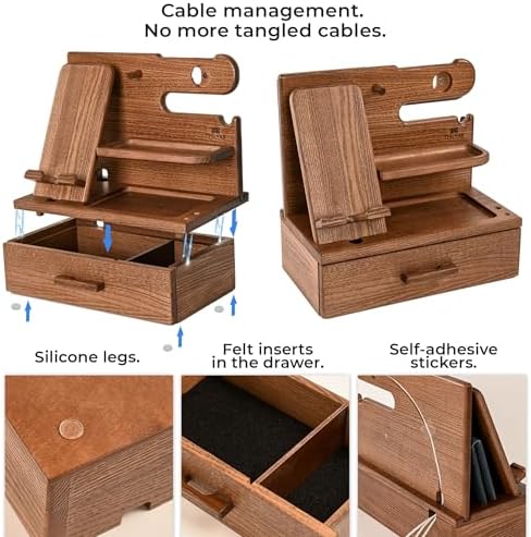 TESLYAR Wood Phone Docking Station with Drawer – Nightstand Organizer – Desk Organizer for Husband – Birthday Gifts for Men, Dad, Anniversary Idea, Key Holder Stand Watch & Accessories (Bourbon Brown) – Enhanced Compatibility and Speed