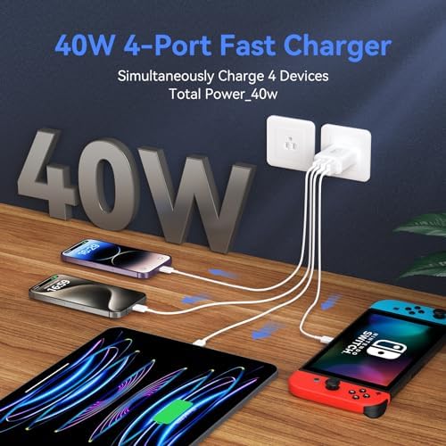 40 W Ultra-Fast Multi-Device Charging Station for i Phone 15/14 – 4-Port USB-C & USB-A Power Hub with 6 FT Cables for Rapid Charging at Home or on the Go – Exceptional Compatibility with i Pad Pro and All i Phone Models