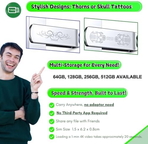 FYRIS 3-in-1 i Phone Flash Drive – 256 GB MFi Certified External Storage for Photos and Videos | USB, Type-C, Lightning Compatibility | Sleek Skull Design for i Pads, Galaxy Phones, Macs, and PCs | High-Speed Data Transfer for Effortless File Management