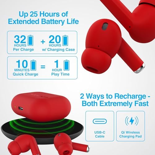 Naztech Xpods PRO True Wireless Earbuds – Advanced Noise Cancelling Sports Earbuds with Touch Control, IPX4 Waterproof Design, High-Definition Sound, Secure Fit for Active Lifestyles, Wireless Charging Case Included – Red Edition for Enhanced Mobility and Performance