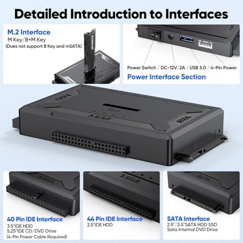 4-in-1 Hard Drive Reader Docking Station: Ultra-Fast 10 Gbps USB 3.2 M.2 SATA IDE Adapter, Effortless Data Retrieval for HDD/SSD & Blu-ray Drives – Compact, Plug-and-Play Design with 12 V Power Supply for Enhanced Compatibility and Performance