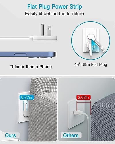 Maximize Power Efficiency with 6 ft Flat Electrical Outlet Extender – 4 Outlets & 3 USB-C Ports, Space-Saving Surge Protector for Home & Office, Rapid Device Charging Power Hub, Sleek White Design