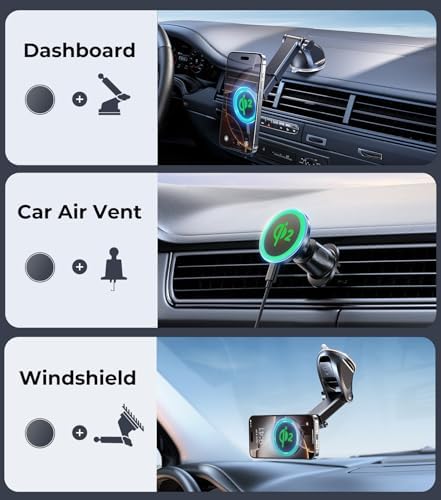 Mag Safe-Compatible Vacuum Suction Car Phone Holder – Versatile Magnetic Mount with Aerospace Alloy Arm for Tesla, Gym, Shower, and Smooth Surfaces – Secure Dashboard/Windshield Screen Solution for i Phone – 360-Degree Rotation for Optimal Viewing Angles and Hands-Free Safety