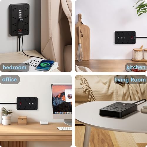 HUNIAN 5 Ft Flat Plug Power Strip with 8 Outlets and 6 USB Ports, Including USB-C Charger – Ultimate Surge Protector for Efficient Home and Office Charging Solutions, Compact Design for Desk and Travel Use, Black