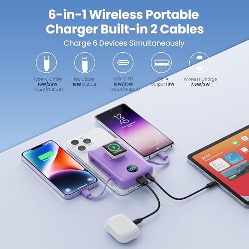 Ultimate 6-in-1 Magnetic Portable Charger, 10800 m Ah Power Bank for i Phone – Features Integrated Cables, Wireless Charging for Apple Watch, Smart LCD Display, and 25 W PD Fast Charging – Perfect Travel Accessory for All Devices with Enhanced Safety Features and Compatibility for i Phone 12 to 16 Series