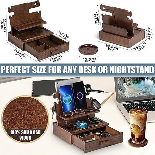 Wood Phone Docking Station for up to 3 Phones – Nightstand Organizer for Men & Women Holds Phones, Tablets, Keys, Rings, Glasses, Watches, EDC & More – with Special Drawer for Valuables – Enhanced Compatibility and Speed