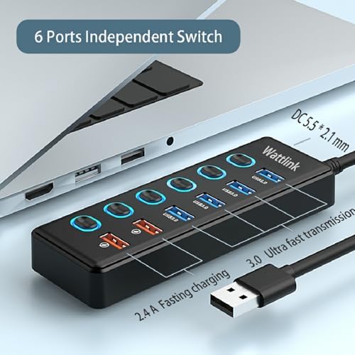 Transform Your Workspace with the Wattlink 6-Port Powered USB 3.0 Hub – Unleash Fast Charging and Data Transfer with Individual LED Switch Controls, Stylish Black Finish for Modern Efficiency