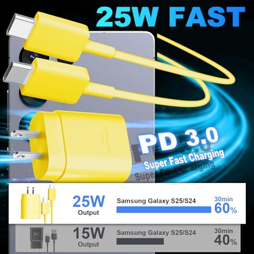 25 W Ultra-Fast Samsung Charger with 6.6 FT USB-C Cable | Rapid Charging Solution for Galaxy S25/S24/S23/S22/S21/Note Series | High-Speed Performance & Safety Features for On-the-Go Users | Ideal for Travel & Everyday Use | Boost Your Device’s Battery Life Effortlessly
