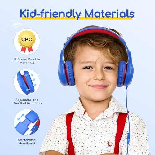 Kid-Friendly Foldable Wired Headphones with Microphone – Volume Limiting Safety (85/94 d B) for Hearing Protection, Share Port for Collaborative Audio, Ideal for Tablets, PCs, and School Use – Enhanced Type C Compatibility for Optimal Sound Quality and Comfort