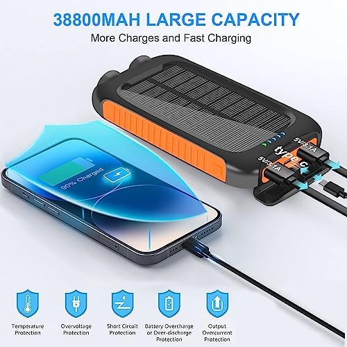 Ultimate Solar Power Bank, 38,800 m Ah Portable Charger with Dual USB-A & Type-C Ports, 15 W Fast Charging, Waterproof Design, Built-in LED Flashlight – Ideal for Outdoor Adventures and Emergency Preparedness