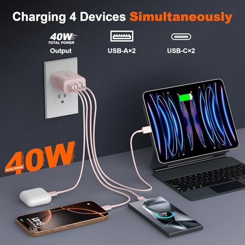 Ultimate 40 W Multiport USB-C Fast Charger – High-Efficiency 4-Port Power Adapter with Quick Charge 3.0 & Power Delivery for Super-Fast Device Charging – Sleek, Portable Design Perfect for Travel – Convenient 2-Pack for Enhanced Versatility and Easy Charging on the Go