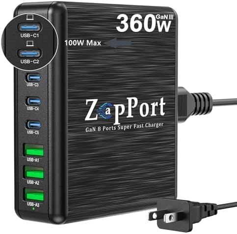 Ultimate 360 W USB C Fast Charging Hub – 8-Port Ga N Charger for Multi-Device Power Delivery | Efficient Charging Station for Mac Book Pro/Air, i Pad Pro, i Phone & More | Compact Design with Safety Features for Busy Professionals