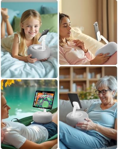 Phone Stand with Pillow, Adjustable iPhone Stand with Anti-Slip Strips, Fuzzy Tablet Holder- Compatible with 4″-7″ Devices, Including iPhone, iPad, Kindle, and Android (Pink) – Enhanced Compatibility and Speed