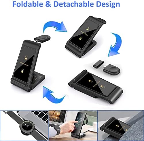 DINTNCCM 3-in-1 Fast Wireless Charging Station – Foldable Charger for Samsung Galaxy S24 Ultra, Galaxy Watch6, and Galaxy Buds – Sleek Black Design with Enhanced Safety Features for Home and Travel Use