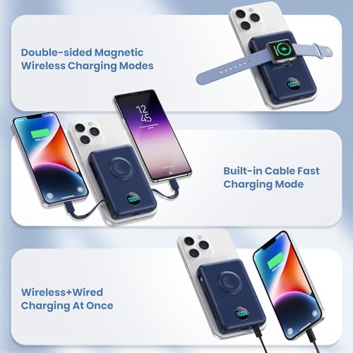 Revolutionary Magnetic Portable Charger for i Phone – 6-in-1 Power Bank with 10,800 m Ah Capacity, Built-in Cables, Apple Watch Charger, and LCD Display – 25 W PD Fast Charging for i Phone 16/15/14/13/12 and Mag Safe Compatibility – Ultimate On-the-Go Charging Solution