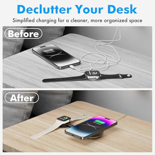 Ultra-Portable 2-in-1 Wireless Charger for Apple Devices – 15 W Qi 2 Certified Magnetic Charging Puck with Built-In Stand for i Phone, Air Pods & Apple Watch – Travel-Friendly Design with Durable USB-C Cable – Streamlined Charging Solution for On-the-Go Connectivity