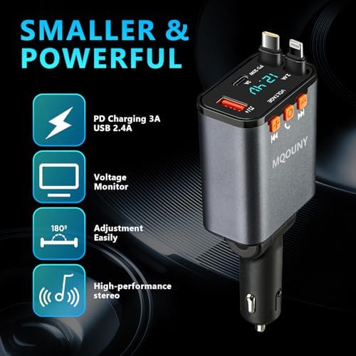 Revamp Your Drive with the 5-in-1 Retractable Car Charger: 60 W Fast Charging, Bluetooth 5.3 FM Transmitter, Hands-Free Calling & Integrated MP3 Player – Dual Retractable Cables & USB Ports for Ultimate Connectivity (Purple) – Elevate Your Mobile Experience on the Go!