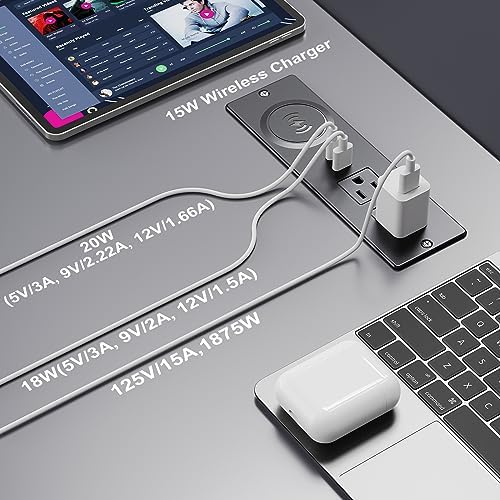 Haiaoyyds Innovative Recessed Power Strip with 15 W Wireless Charging Station – Sleek Flush Mount Design Featuring 2 AC Outlets, 2 USB Ports, and 6.56 FT Flat Plug Cable for Effortless Connectivity in Drawers, End Tables, Sofas, and Cabinets – Ultimate Solution for Clutter-Free Charging and Enhanced Device Accessibility