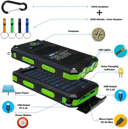 High-Capacity 20000 m Ah Solar Power Bank with Emergency Tools – Waterproof Portable Charger for Camping, Hiking & Outdoor Adventures with Carabiner, Compass, Whistle, and Dual USB Ports for Quick Charging