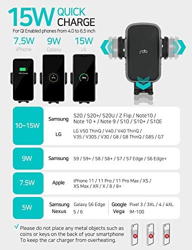 REDBEAN 15 W Qi Fast Wireless Car Charger with Auto-Clamping Holder – Effortless Phone Mount for i Phone & Samsung Devices – Versatile Dashboard, Windshield, & Air Vent Installation for Enhanced Driving Safety & Convenience