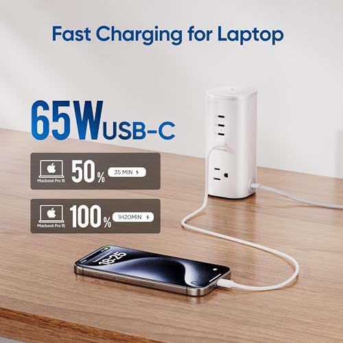 Ten Trend Surge Protector Tower: 160 W Fast Charging Hub with 3 AC Outlets & 8 USB Ports (4 USB-C) – 5 FT Flat Plug Extension for Home Office Efficiency and Device Safety