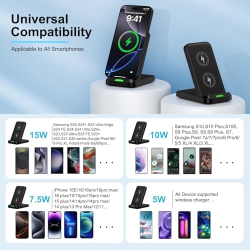 15 W Fast Wireless Charger Stand for Samsung Galaxy S25/S24/S23, i Phone 16/15, Google Pixel 9 Pro – Ultimate Desk Charging Station with Dual Viewing Angles, Quick Charge 3.0 Adapter, and Enhanced Safety Features for All Compatible Devices