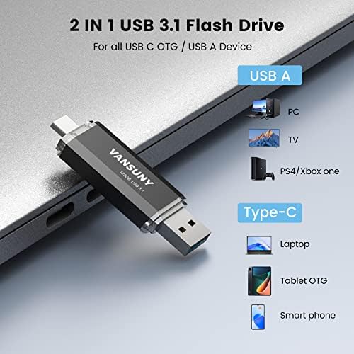 Vansuny 256 GB Dual Type C USB Flash Drive – Versatile OTG Memory Stick for Android, PC & Tablet – High-Speed USB 3.0 Data Transfer with Keychain Attachment – Ideal Solution for Photos, Videos & Document Storage