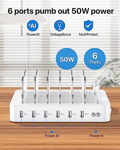 Soo Pii Elegant Pink 6-Port USB Charging Station Organizer – Fast Multi-Device Charging Hub with 6 High-Speed Cables and i-Watch Holder – Ultimate Solution for Neat Workspaces and Efficient Device Management