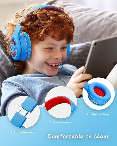 K16 Kids’ Foldable Wired Headphones with Microphone – Lightweight On-Ear Stereo Bass Design in Vibrant Pink and Red for School, Gaming, and Tablet Use – Compatible with Kindle, Chromebook & More – Durable Comfort for All-Day Listening