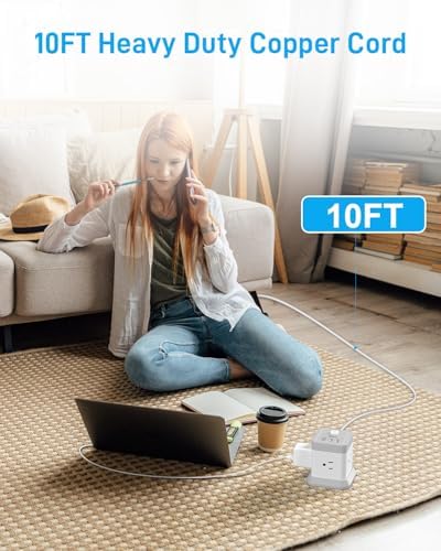 BEVA 10 ft Travel Power Strip with USB – Compact Cube Charging Station Featuring 4 Spacious Outlets and 3 Fast USB Ports for Home, Office, and Dorm Use – Overload Protection for Safe, Efficient Power Management