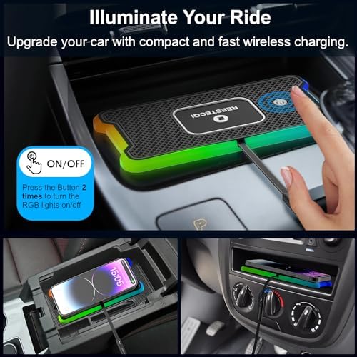 REESTECQI 15 W RGB Wireless Car Charger Pad – Fast Charging Non-Slip Mat for i Phone 12-16, Air Pods, Samsung & Google Devices with 30 CM Type C Cable – Stylish & Efficient On-the-Go Power Solution