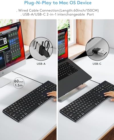 Sleek All-Aluminum Wired Keyboard for Mac – Full-Size USB-A & USB-C Connectivity, Ergonomic Design with Numeric Keypad for Enhanced Productivity on i Mac, Mac mini, Mac Book Pro & Air – Perfect Blend of Style and Functionality for Apple Users