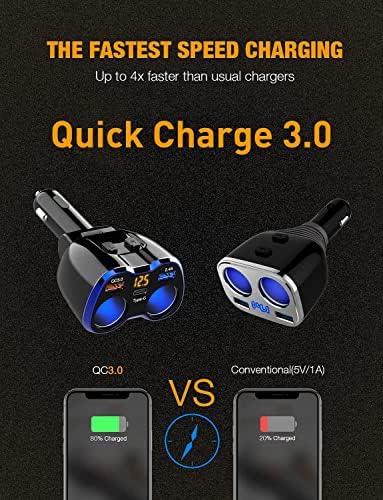 150 W Dual Socket Car Charger Splitter with Quick Charge 3.0 – USB-C Adapter, LED Voltmeter & Replaceable 15 A Fuse for Effortless Device Charging on Road Trips and Daily Travels – Essential Power Hub for GPS, Dash Cams, and Mobile Devices