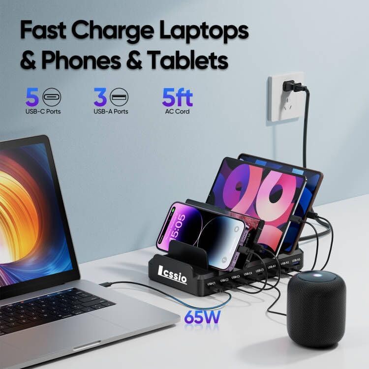 High-Power 300 W Multi-Device Charging Station: 8-Port USB-C Fast Charger Dock with 6 Cables for Mac Book, i Phone 16/15/14/13/12, Samsung, Pixel & i Pad – Sleek White Design for Ultimate Efficiency and Versatility
