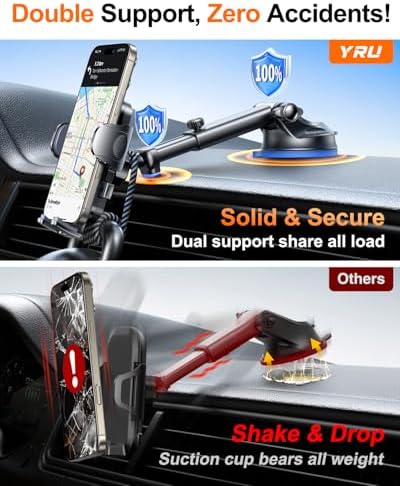 YRU 2025 Military-Grade 360° Rotatable Suction Car Phone Holder – Ultimate Dashboard & Windshield Mount for i Phone 16/15 Pro Max & Samsung – Unmatched 90+ LBS Capacity, Enhanced Compatibility & Easy Installation – Secure, Durable, and Versatile Universal Cradle for Safe Hands-Free Navigation