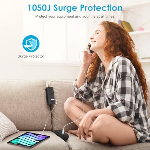 HEZI Couch Charging Station with 2 AC Outlets and 3 Fast USB Ports – 10 ft Flat Power Cord for Seamless Charging – ETL Listed Surge Protector for Furniture – Enhance Comfort and Stay Powered Up